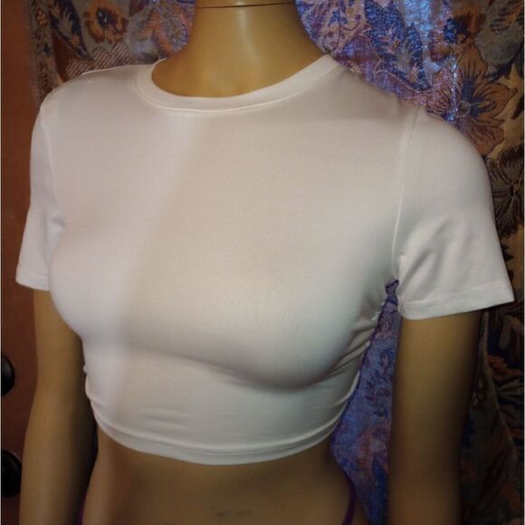 SHEIN white short sleeve crop top;ties in the back, size small - Picture 2 of 5